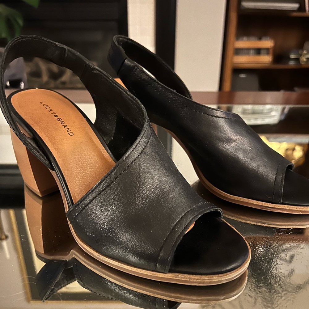 Lucky Brand - Black Buttery Leather Slingback Chunky Open Toe Heels - Size 10
